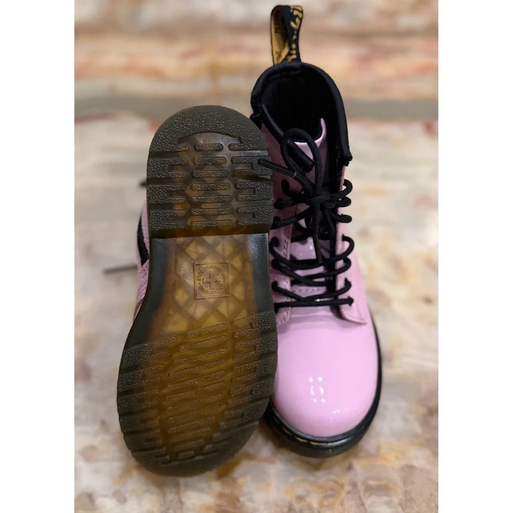 Dr. Martens Kids 1460 T Lace Up Combat Boots Pink Black Leather Side Zip Size 10
